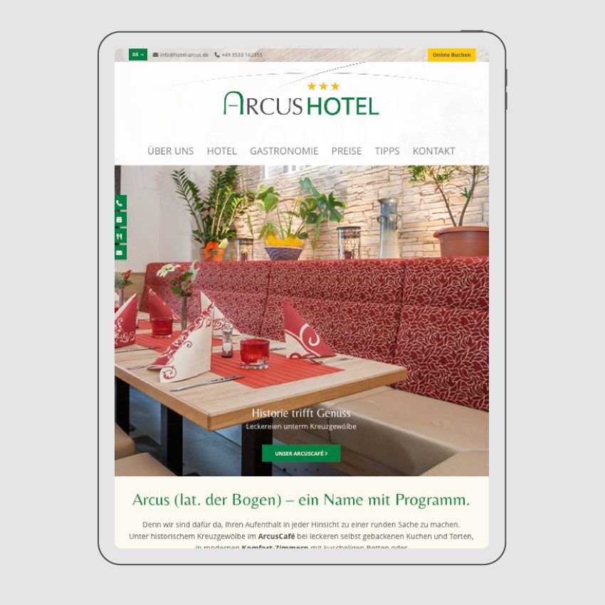 Grafik vom Ipad mit Website Hotel Arcus in Elsterwerda