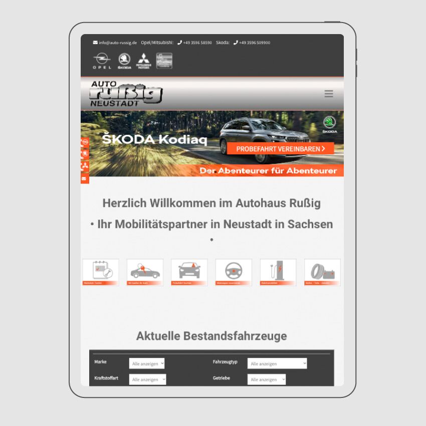 Darstellung einer Website vom Autohaus Rußig auf Grafik Ipad